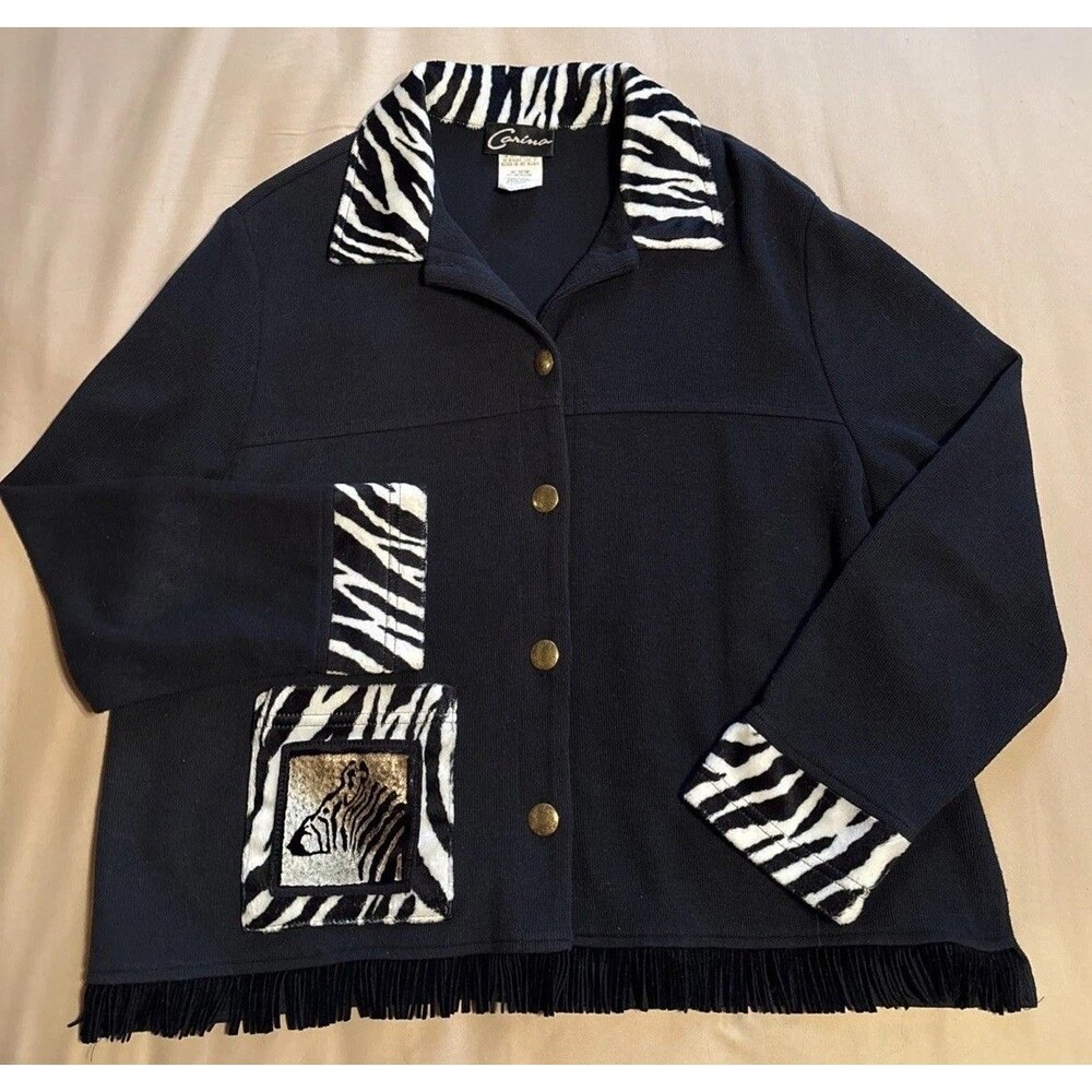 Carina Vintage Zebra Animal Print Black Fringe Blazer Jacket Women's Large USA